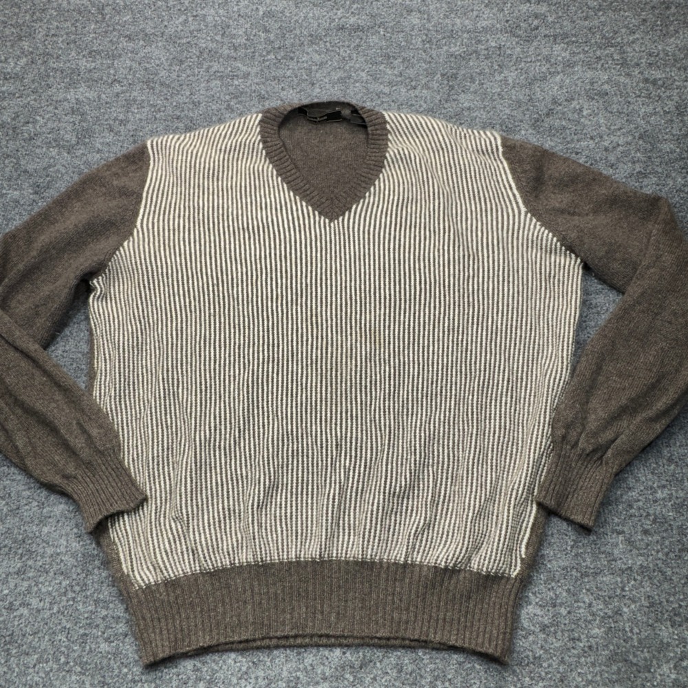 Neiman Marcus Sweater Mens XL Brown Striped 100% Cashmere V-Neck Italy Luxury